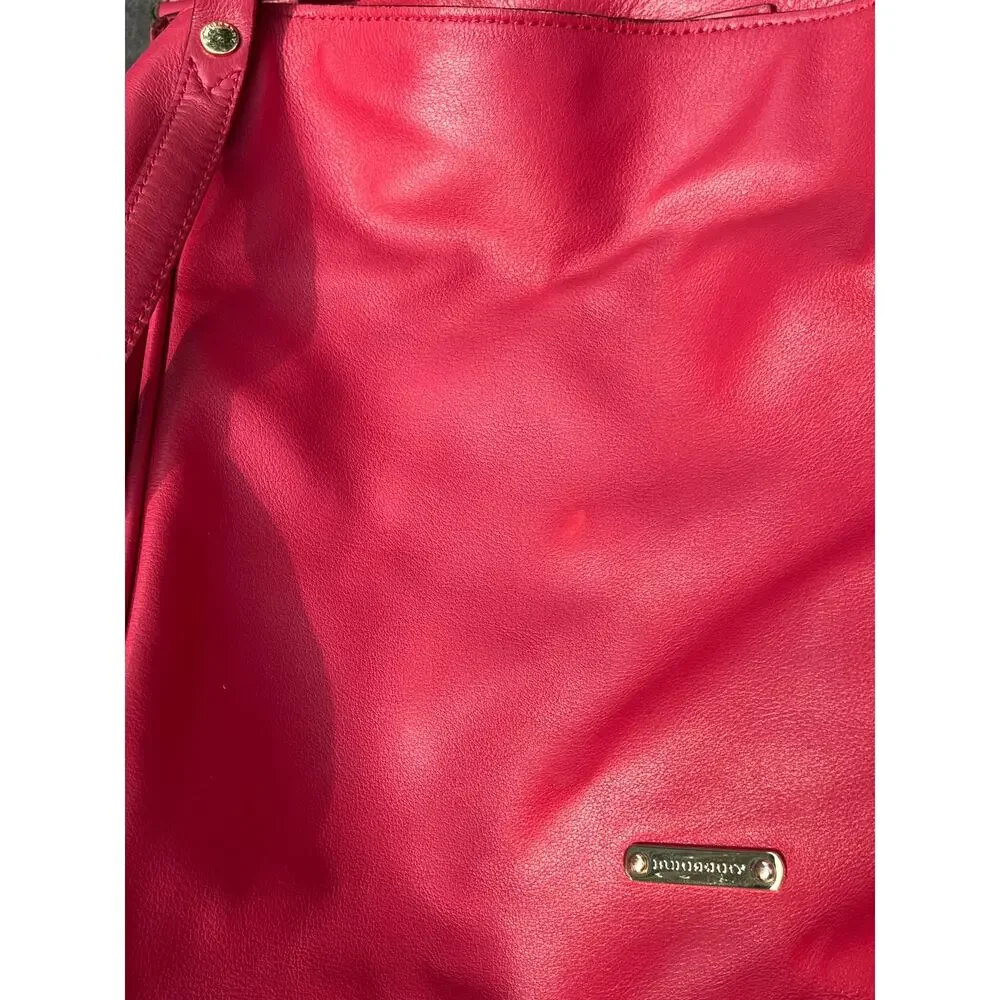 Vtg BURBERRY Red Leather Nova Check Strap Tote Bag Slouchy Hobo Shoulder Handbag